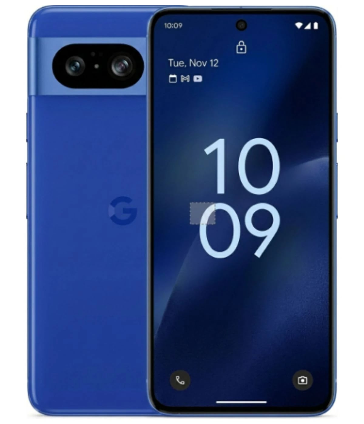 Google Pixel 8 smartphone in vibrant blue color featuring a sleek design, dual rear cameras, and a modern front display showing the time and date. The device has a smooth finish and is presented against a plain background.