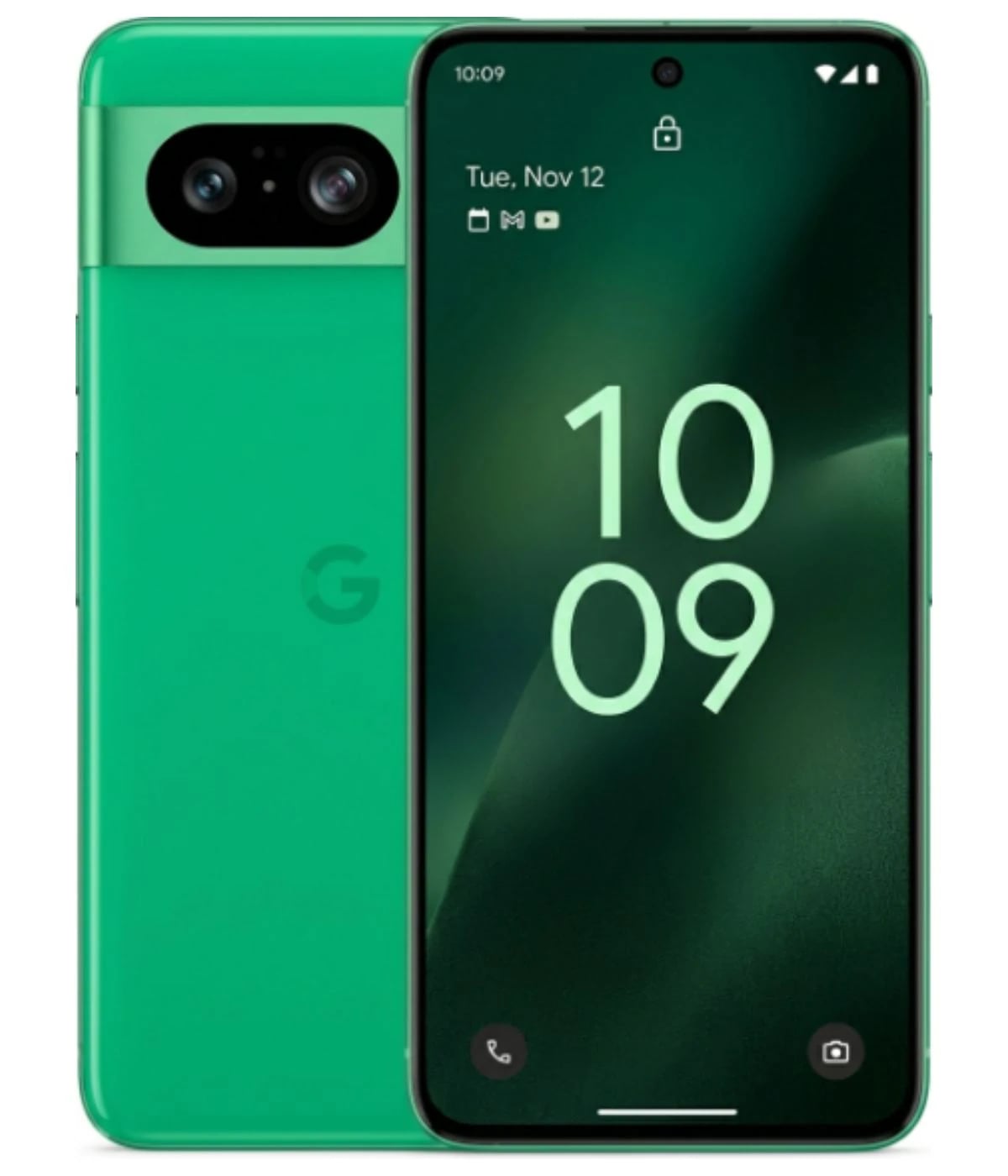 Google Pixel 8 smartphone in vibrant green color with a sleek design. Features a dual-camera setup on the back and a modern front display showing the time and date. The device has a smooth finish and a minimalist aesthetic.