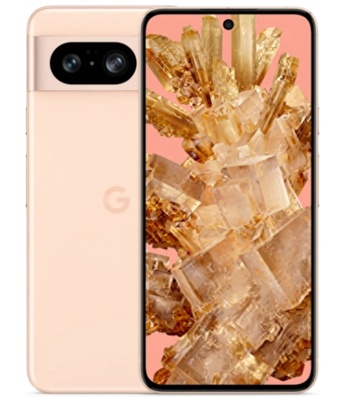Google Pixel 8 smartphone in soft peach color featuring a dual-camera setup and a vibrant display showcasing a crystal-like background. The sleek design highlights the G logo on the back, emphasizing its modern aesthetics.