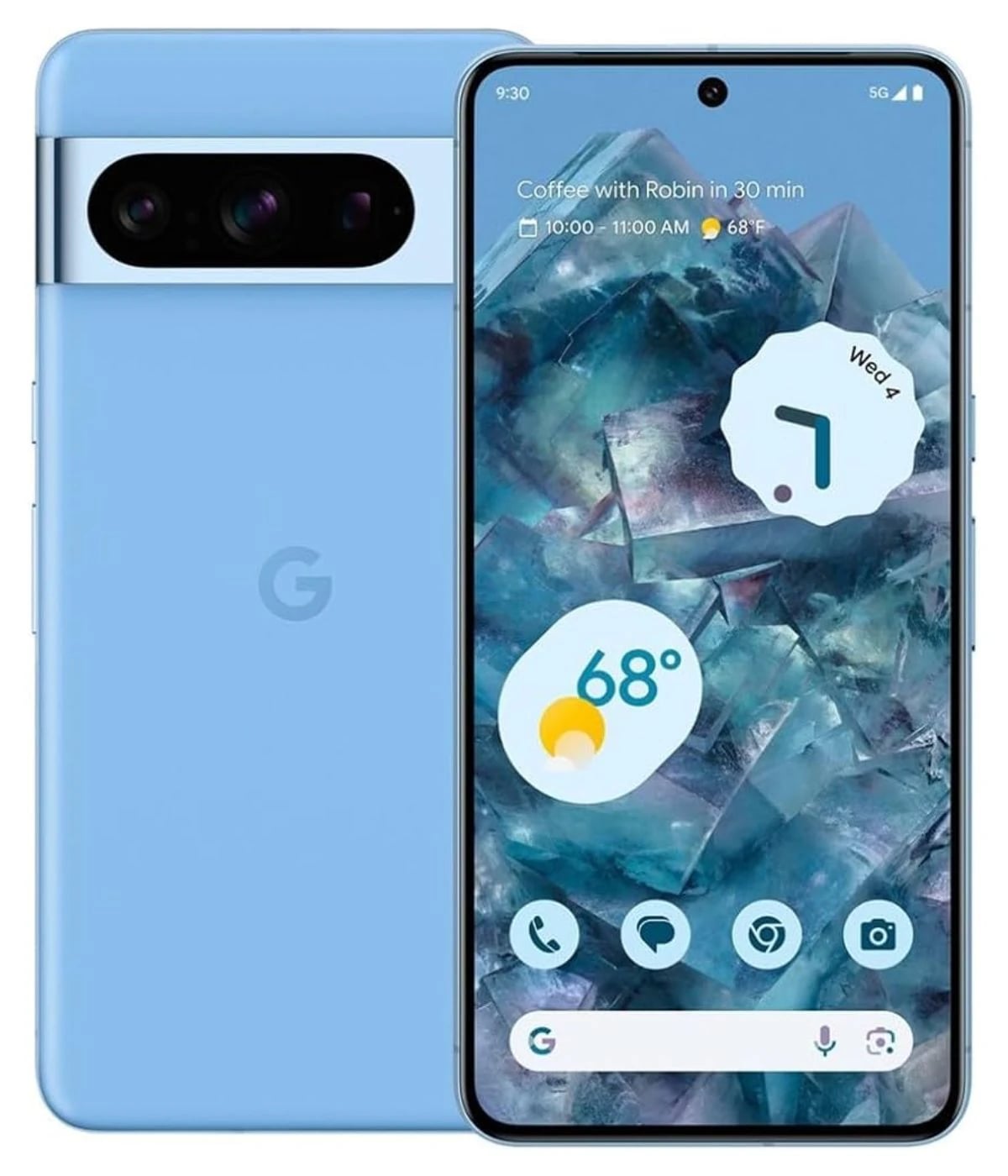 Google Pixel 8 Pro smartphone in a soft blue color with a sleek design. Features a dual-camera setup on the back and a vibrant display showcasing weather and app icons. The device is shown from the front and back against a plain background.