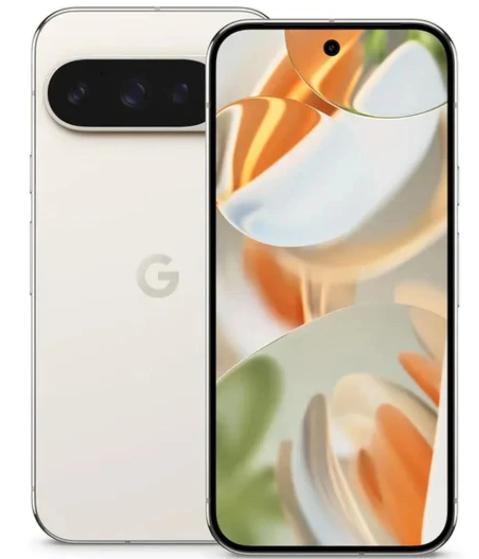 Google Pixel 9 Pro smartphone in a sleek white finish, showcasing a vibrant display with abstract colors. The back features a minimalist design with the 'G' logo and a triple camera setup. Perfect for tech enthusiasts.