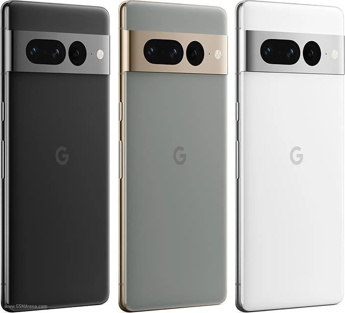 Google Pixel 7 Pro smartphone in three colors: Obsidian Black, Hazel Green, and Snow White. Each phone features a sleek design with a dual-tone finish and a prominent camera module. The back showcases the iconic 'G' logo.