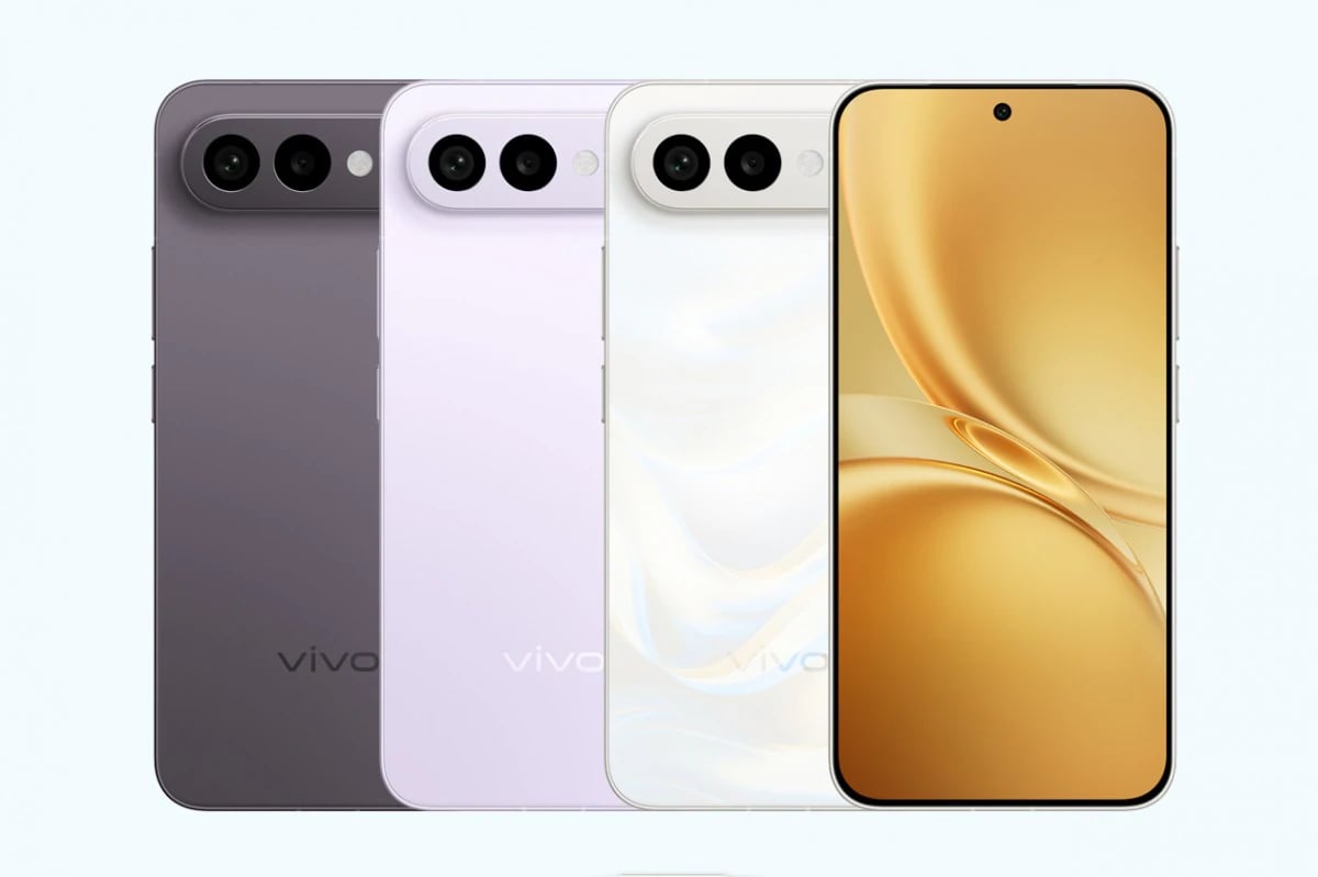 Vivo smartphones in four stylish colors: dark gray, lavender, white, and gold. Each phone features a sleek design with dual rear cameras and a vibrant display, showcasing modern aesthetics and functionality.