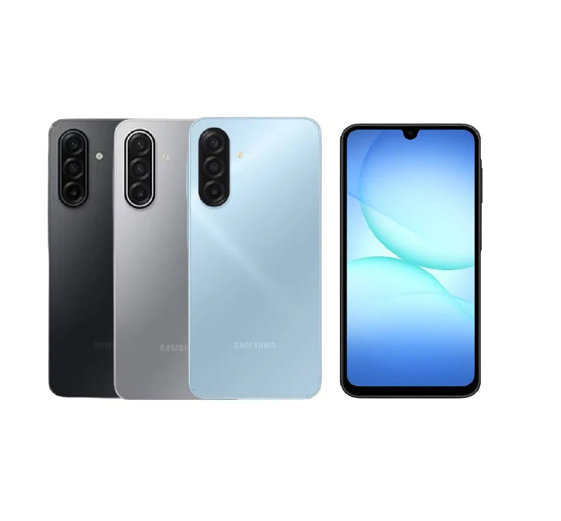 Samsung Galaxy A series smartphones in three colors: black, silver, and blue. The front view showcases the blue variant with a vibrant display and a waterdrop notch design. The sleek, modern design highlights the triple camera setup on the back.