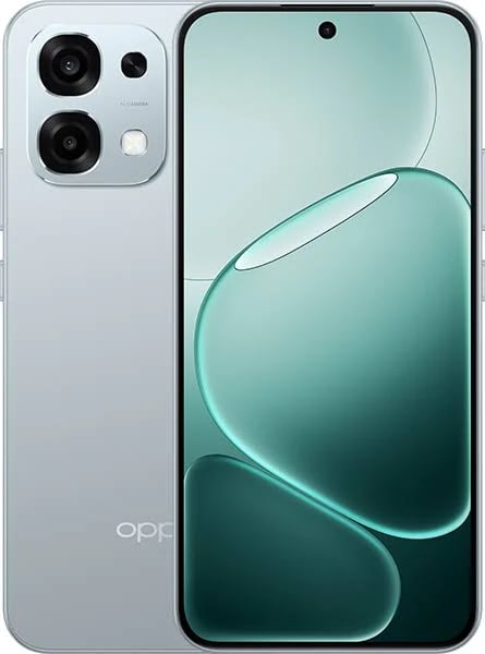 Oppo A77 smartphone in sleek silver color featuring a dual-camera setup and a vibrant display with rounded edges. The device showcases a modern design with a glossy finish, held against a plain background.