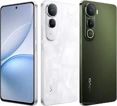 Vivo V25 Pro smartphone showcasing a sleek design with a white marble finish and an olive green back. Features a triple camera setup and a vibrant display. Ideal for tech enthusiasts.