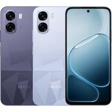 Oppo A57 smartphone in two color variants: a sleek lavender and a soft white. The phone features a modern design with a geometric pattern on the back, showcasing its dual-camera setup. The front view displays a vibrant screen with minimal bezels,…