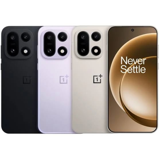 OnePlus smartphones displayed in three colors: black, lavender, and cream. Each phone features a sleek design with dual rear cameras and a front display showcasing the 'Never Settle' slogan. Ideal for tech enthusiasts.