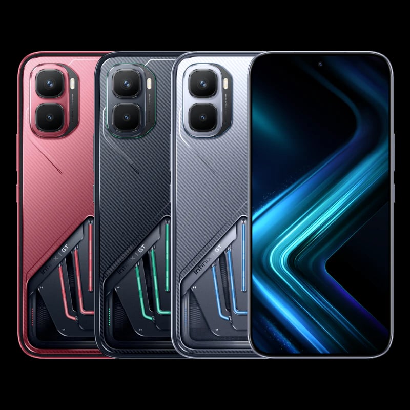 Infinix GT 50 Pro 5G smartphone in Black Abyss, showcasing a sleek design with a carbon fiber texture. Available in multiple colors: red, black, and silver. Features dual rear cameras and vibrant LED accents.