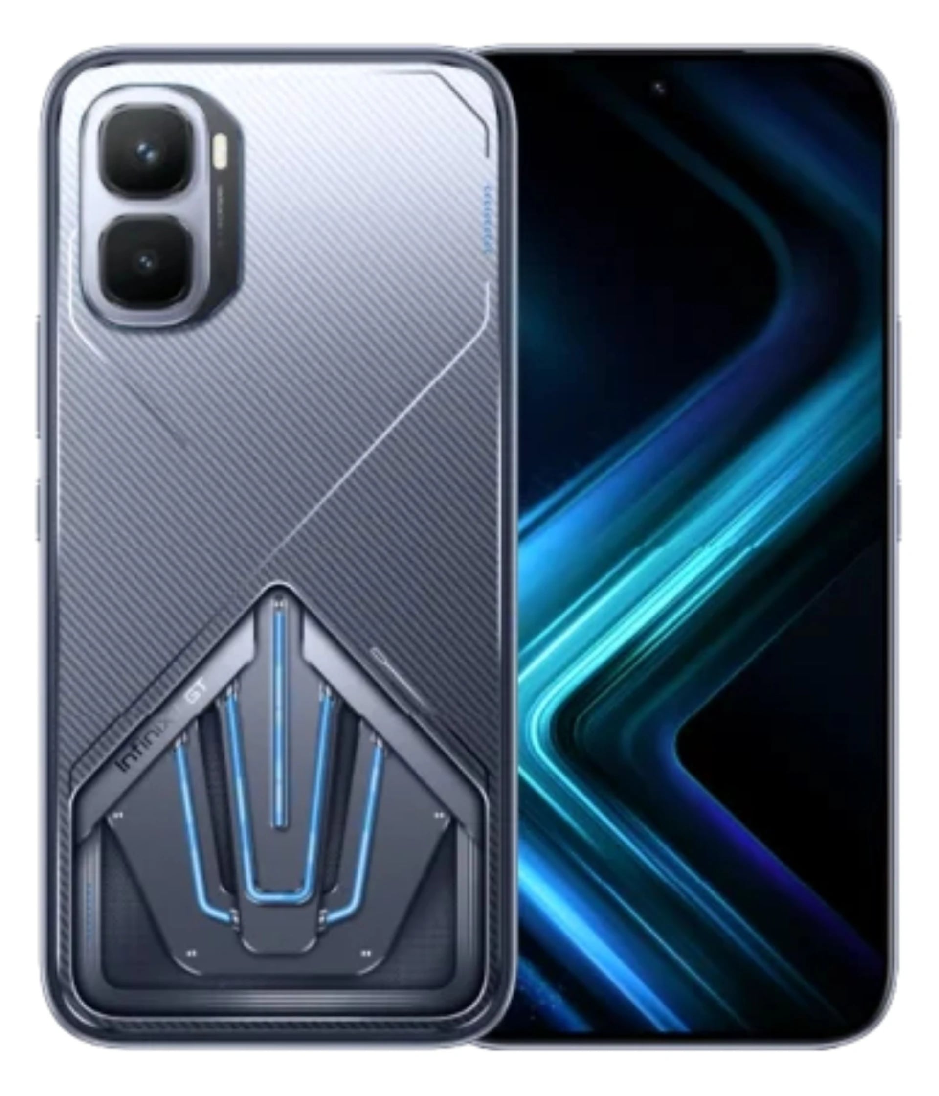 Infinix GT 50 Pro smartphone featuring a sleek design with a dual-camera setup and a striking blue and black color scheme. The back showcases a unique textured pattern with a futuristic design element, perfect for tech enthusiasts.