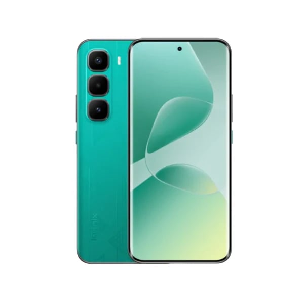 Infinix Hot 60 Pro Plus smartphone in vibrant turquoise color, featuring a sleek design, triple rear camera setup, and a large display with minimal bezels. The back showcases a glossy finish, enhancing its modern aesthetic.