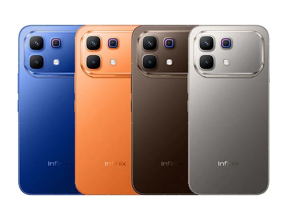 Infinix Note 60 smartphone available in four vibrant colors: blue, orange, brown, and gray. Each phone features a sleek design with dual rear cameras and a premium finish, showcasing the Infinix brand logo.