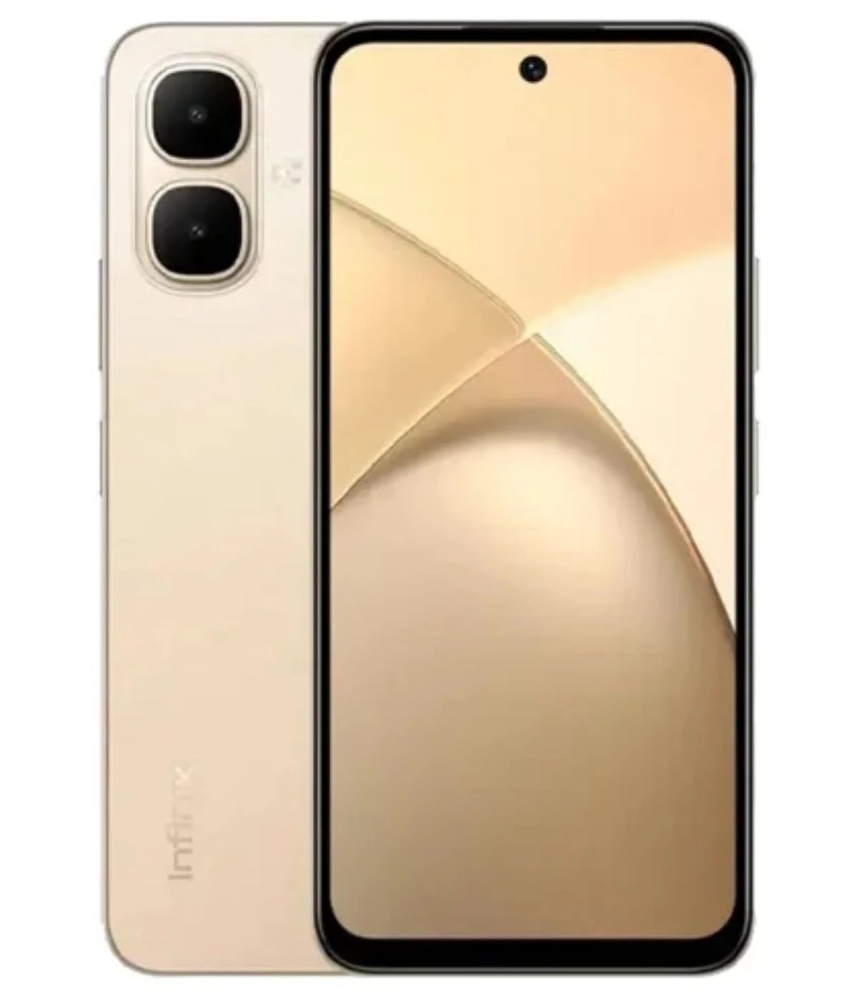 Infinix Smart 11 smartphone in a sleek gold finish, featuring a dual-camera setup on the back and a vibrant display with a centered front camera. The device showcases a modern design with rounded edges, perfect for stylish users.