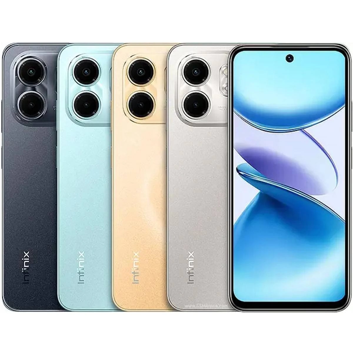Infinix Smart 9 smartphone in four colors: black, blue, gold, and silver. Features dual rear cameras and a vibrant display. Sleek design with a modern aesthetic, perfect for tech enthusiasts.