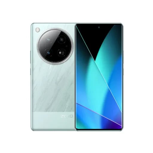 Infinix Zero 40 smartphone in Violet Garden color, featuring a sleek design with a large display and dual-camera setup. The back showcases a unique marble texture, enhancing its premium look.