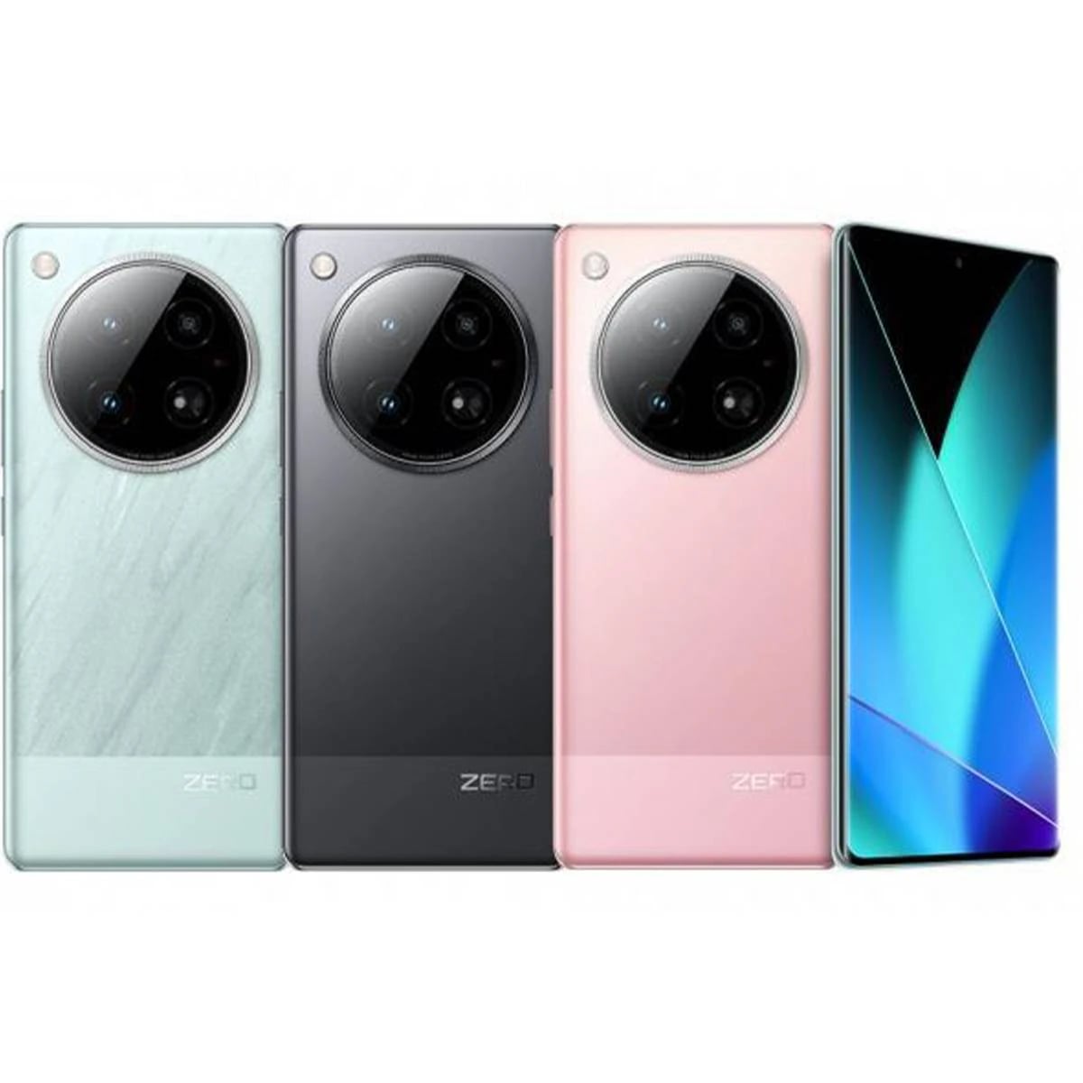 Infinix Zero 40 4G smartphone collection featuring three color variants: mint green, sleek black, and soft pink. Each phone showcases a unique circular camera design and a modern aesthetic. The mint green model has a textured finish, while the…