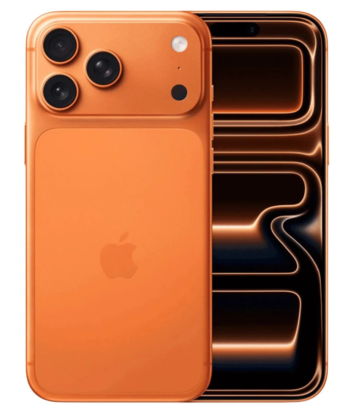 Apple iPhone 17 Pro Max in vibrant orange color showcasing a sleek design with three rear cameras and a smooth front display. The device features a modern aesthetic with a glossy finish, perfect for tech enthusiasts.