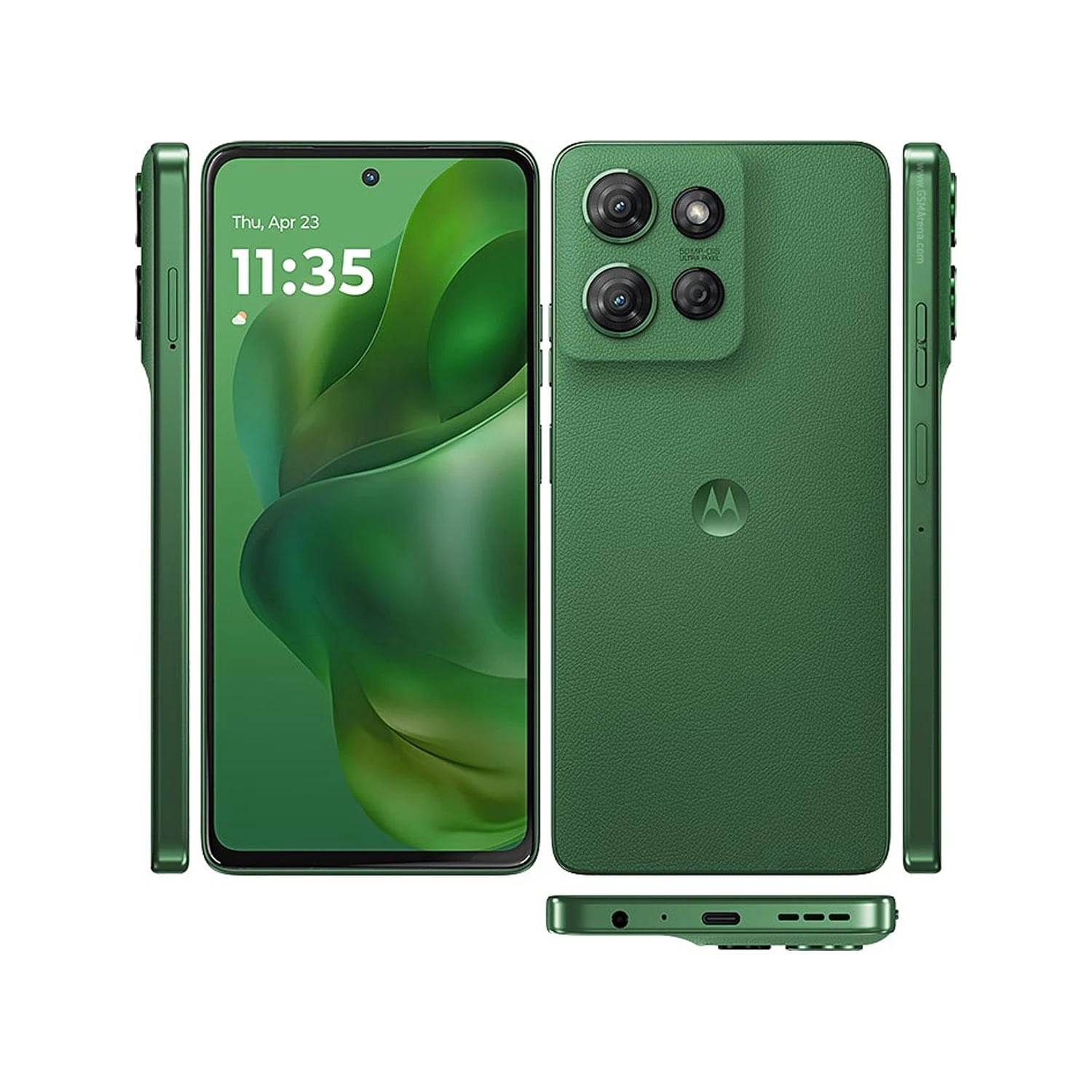 Motorola G Power 2025 smartphone in a vibrant green color, featuring a sleek design with a large display, triple camera setup, and textured back. The device is shown from multiple angles, highlighting its modern aesthetics and functionality.