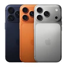 Apple iPhone 15 Pro in Space Black, Orange, and Silver colors, showcasing a sleek design with triple camera system. Each phone features a smooth finish and modern aesthetics, ideal for tech enthusiasts.