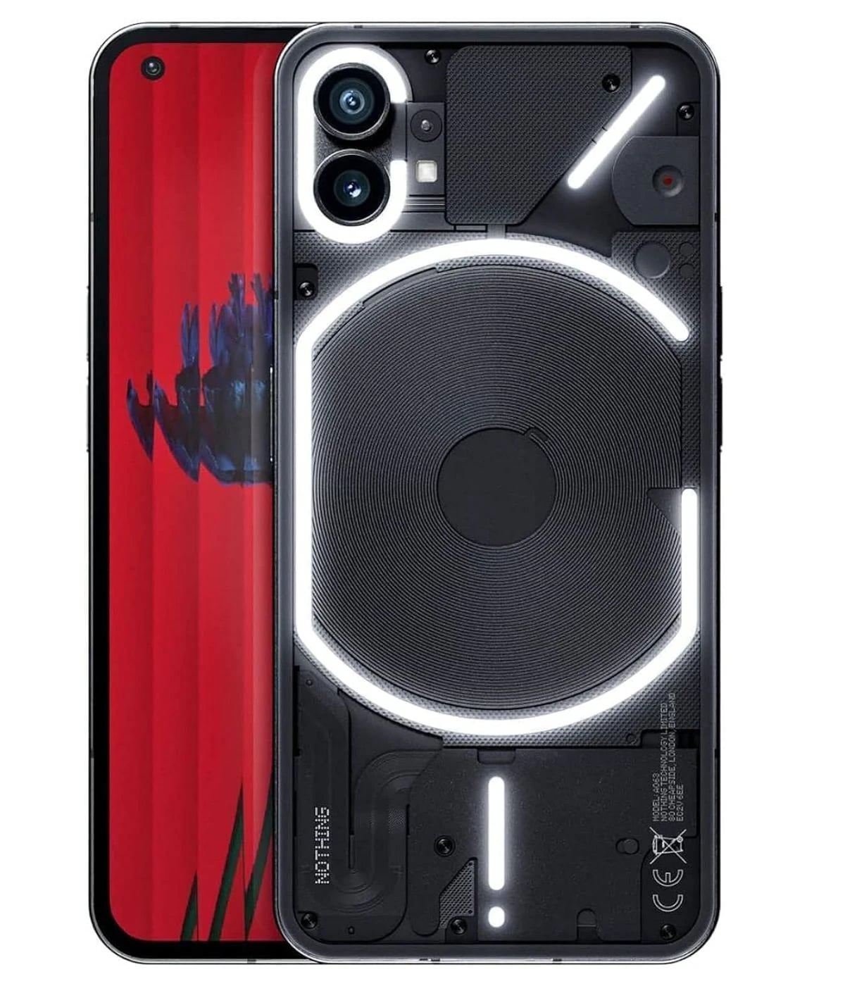 Nothing Phone 1 featuring a transparent back design with LED lights, dual rear cameras, and a sleek black finish. The phone showcases a unique aesthetic with visible internal components and a modern look.