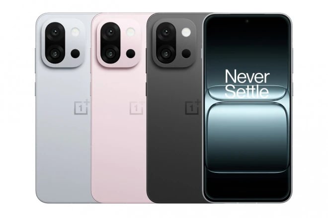 OnePlus 13T smartphone in three colors: silver, pink, and black. Each phone features a dual-camera setup and a sleek design with a modern display showing 'Never Settle'.