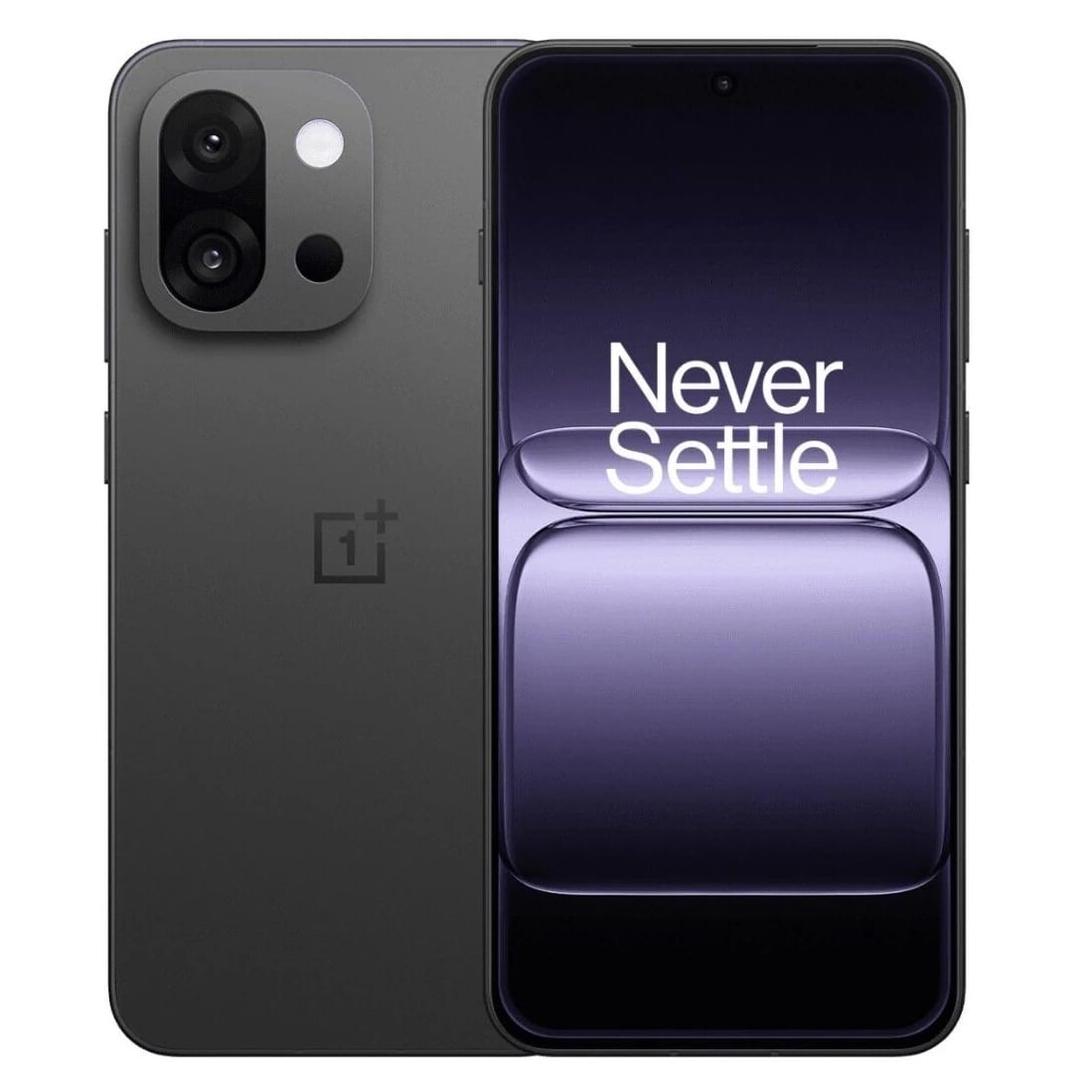 OnePlus 13T smartphone in sleek black finish, featuring dual rear cameras and a vibrant display with 'Never Settle' slogan. The device showcases a modern design with a glass front and smooth edges, ideal for tech enthusiasts.