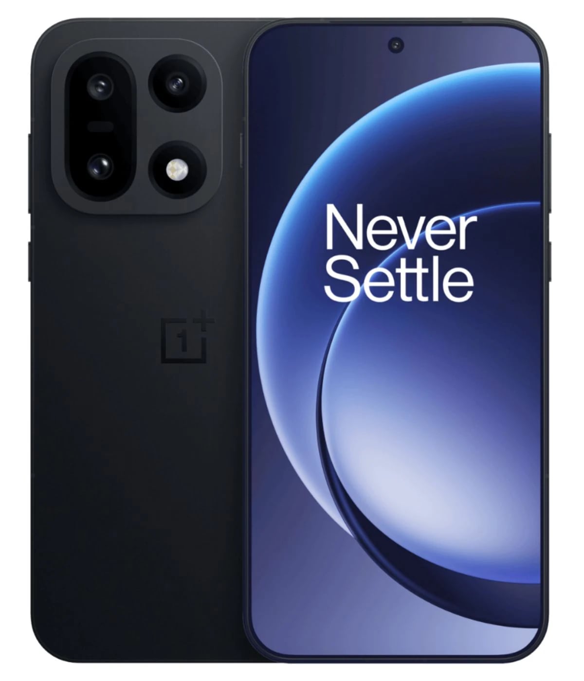 OnePlus 15 Pro smartphone in sleek black finish, featuring a vibrant display with 'Never Settle' slogan, dual rear cameras, and modern design. Perfect for tech enthusiasts seeking premium performance.