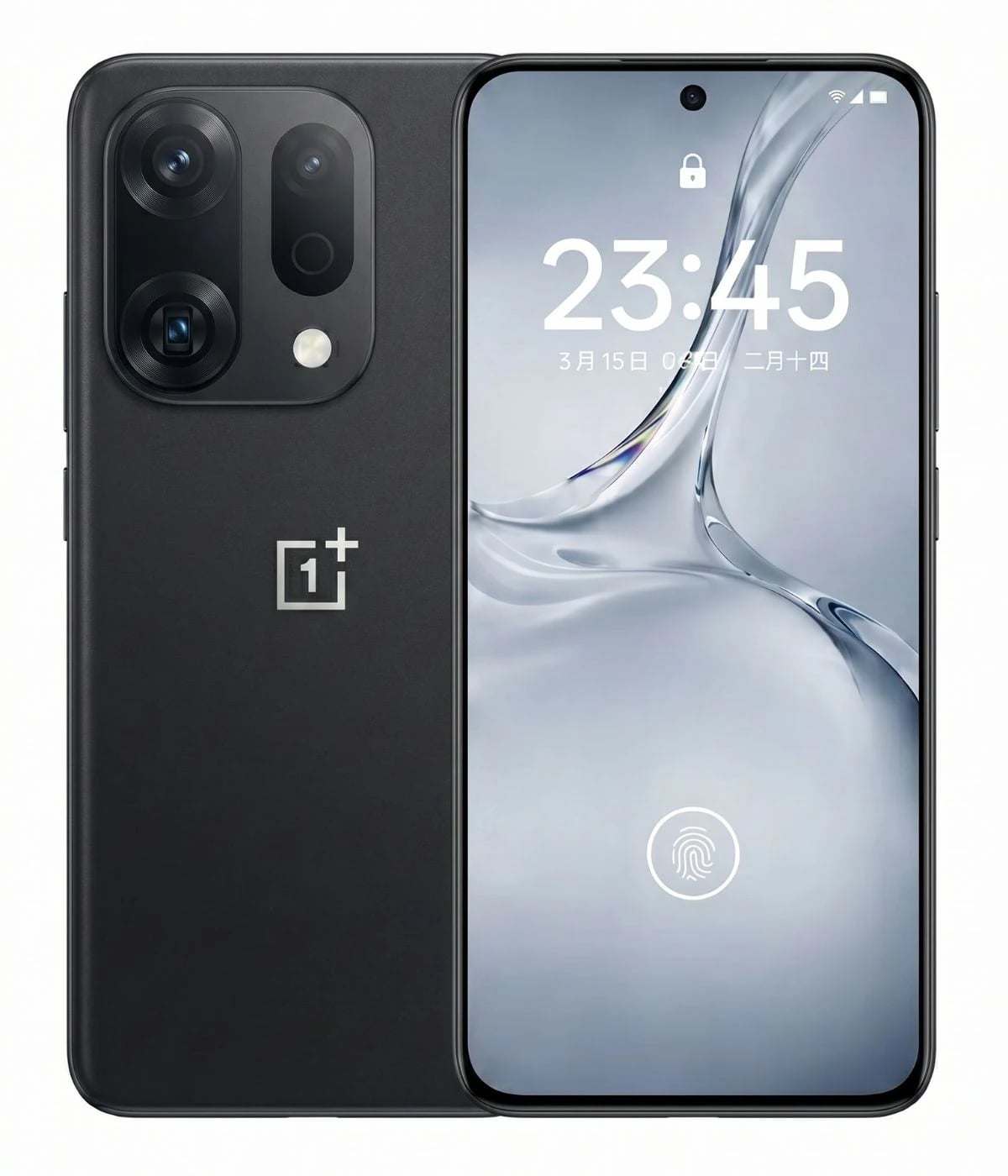 OnePlus 16 smartphone in sleek black design featuring a dual-camera setup, vibrant display showing time, and an in-display fingerprint sensor. The device has a modern aesthetic with a minimalistic logo.