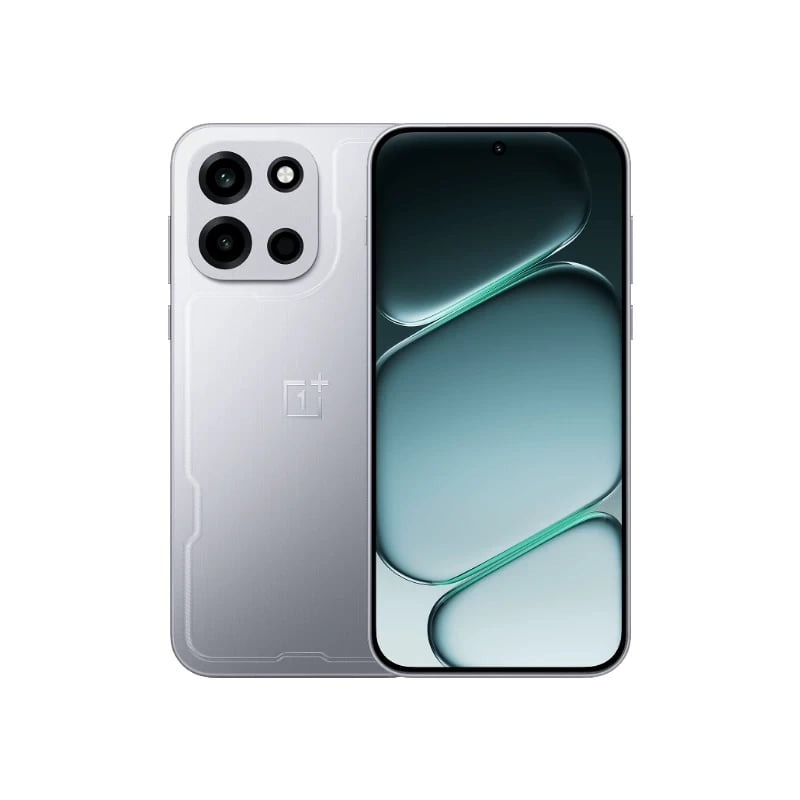 OnePlus Nord 6 smartphone featuring a sleek silver design, dual rear cameras, and a vibrant display. The device showcases a modern aesthetic with smooth edges and a premium finish, ideal for tech enthusiasts.