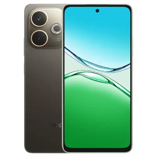 Oppo A5 Pro smartphone featuring a sleek design with a dual-camera setup in a stylish gray finish. The front showcases a vibrant display with a green and blue gradient background, emphasizing its modern aesthetics.