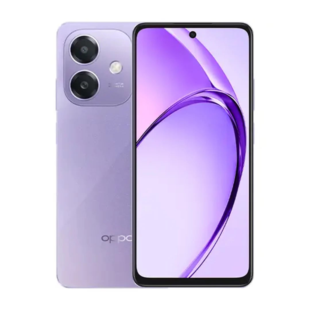 Oppo A5i smartphone in a sleek lavender color featuring a dual-camera setup and a vibrant display with a purple gradient background. The device showcases a modern design with a slim profile and a minimalistic aesthetic.