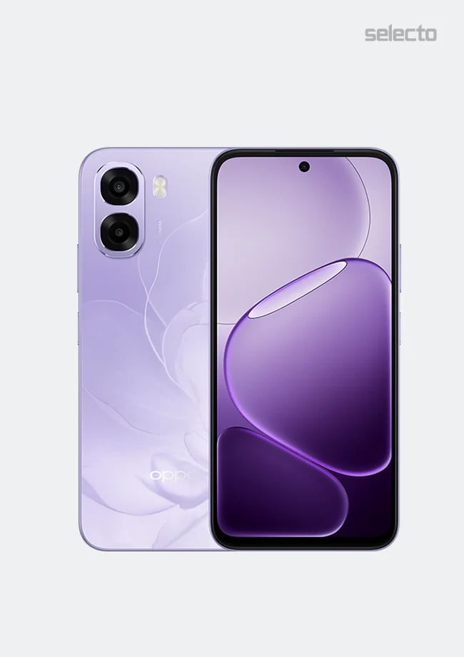 Oppo A6x smartphone in a stunning lavender color with a sleek design, featuring dual rear cameras and a vibrant display. The device showcases a floral pattern on the back, emphasizing its modern aesthetic. Model number: A6x, storage capacity: 128GB.