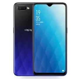 Oppo A7X smartphone featuring a sleek design with a gradient purple to black finish, 6.3-inch display, and a waterdrop notch. The front view showcases the vibrant screen and elegant curves.