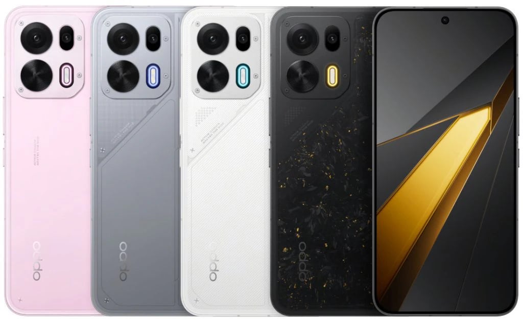 OPPO K15 Pro smartphone collection featuring four color variants: pink, gray, white, and black. Each phone showcases a sleek design with dual rear cameras and unique textures, set against a plain background.