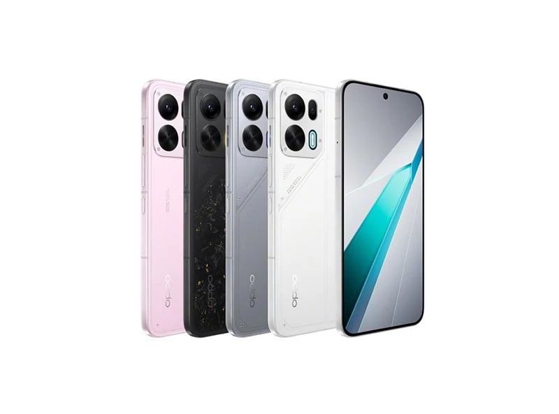 Oppo K15 Pro smartphone showcased in four stylish colors: pink, black, gray, and white. Each phone features a sleek design with dual rear cameras and a vibrant display. The devices are arranged side by side against a plain background, highlighting…