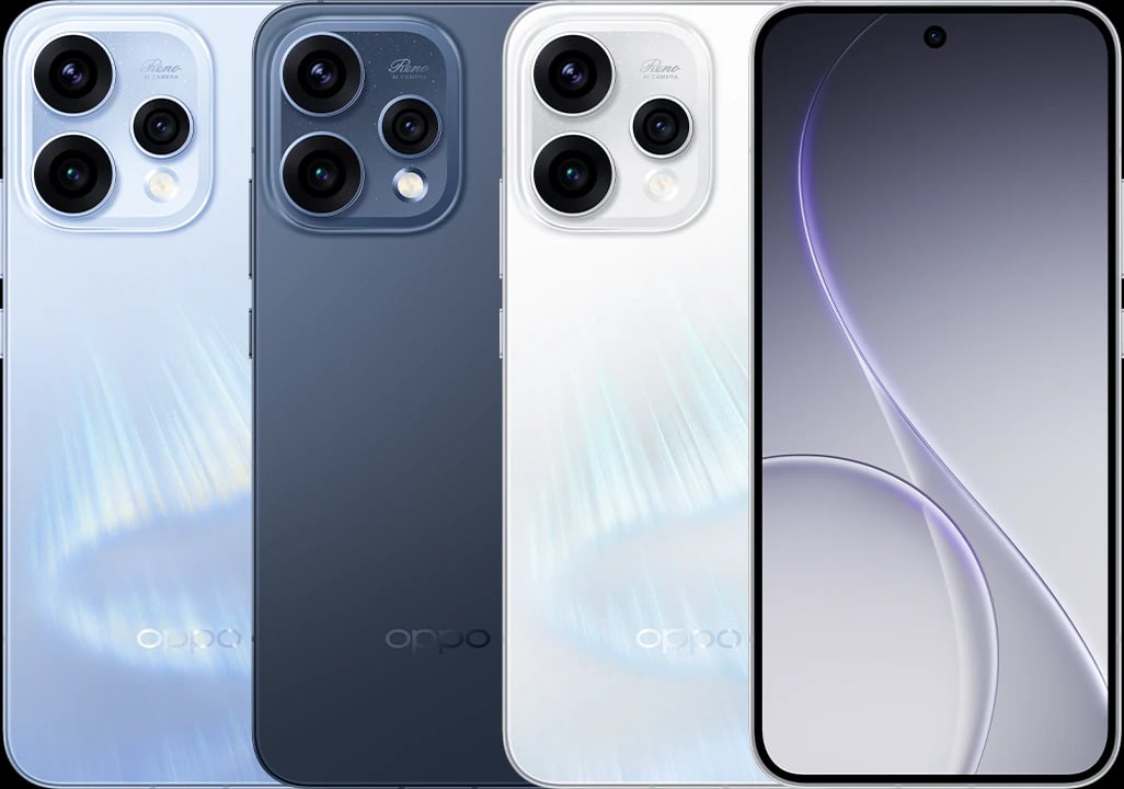 Oppo Reno 15 smartphone showcasing three color variants: light blue, dark blue, and white. Each model features a sleek design with a triple-camera setup and a vibrant display. The Oppo logo is prominently displayed on the back.