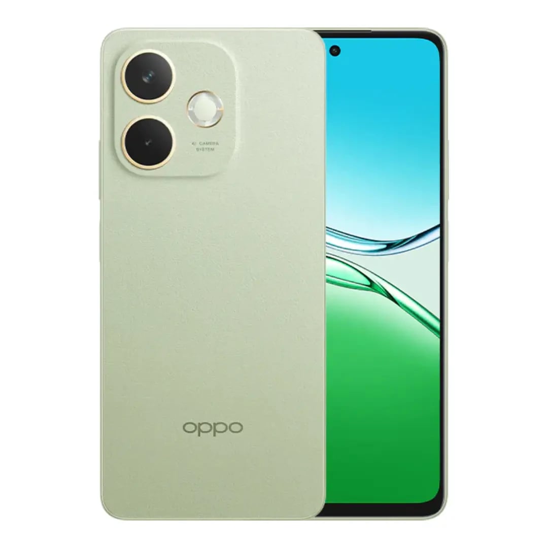 Oppo A5 Pro smartphone in mint green color featuring a sleek design, dual rear cameras, and a vibrant display. The device has 128GB storage and 8GB RAM, ideal for multitasking and gaming.