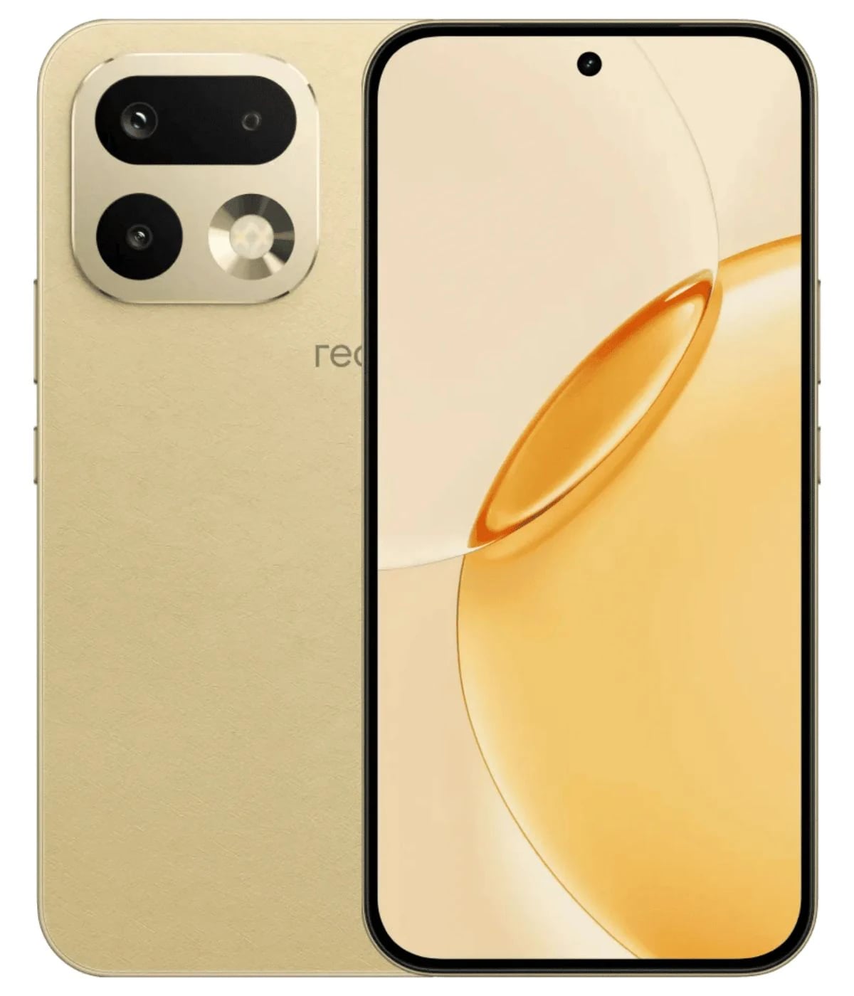 Realme 16 Pro smartphone in a sleek gold finish, featuring a dual-camera setup on the back and a vibrant display with a centered front camera. The device showcases a modern design with a textured rear and a glossy screen, ideal for tech enthusiasts.