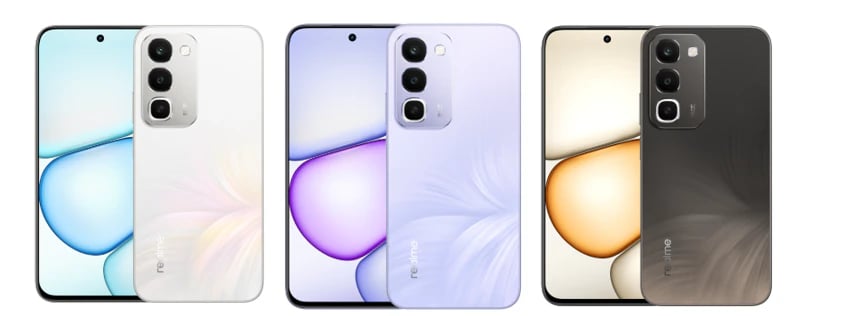 Realme C100 smartphone in three color variants: white, lavender, and black. Each phone features a sleek design with a triple camera setup and a vibrant display. The white model showcases a glossy finish, while the lavender and black models have a…