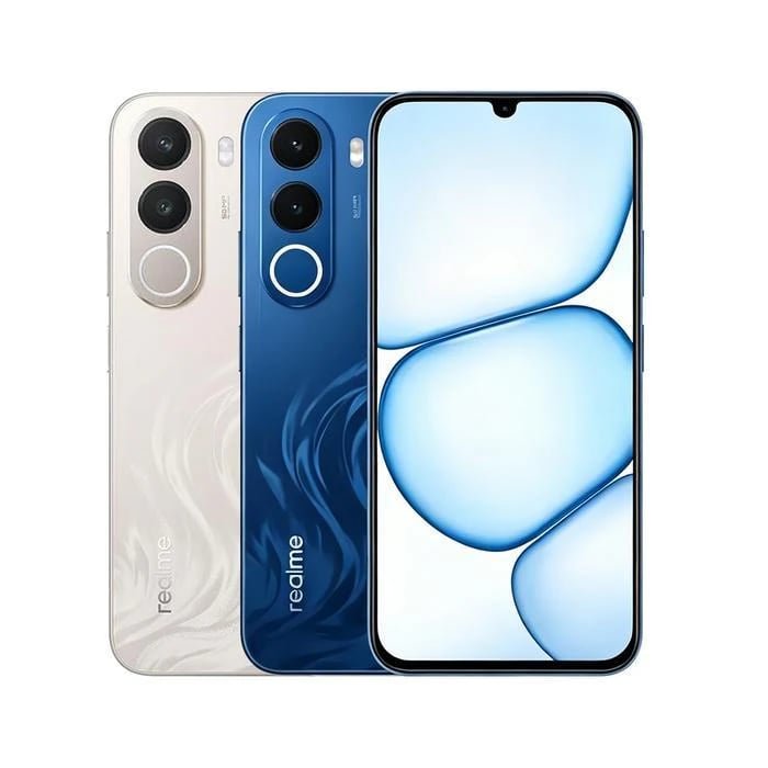 Realme C100X smartphone in two color variants: a sleek white with a textured back and a vibrant blue with a smooth finish. Features dual rear cameras and a large display with a waterdrop notch.