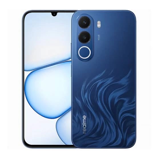 Realme C100X smartphone in a striking blue color with a unique swirling design on the back. Features a dual-camera setup and a sleek front display with a waterdrop notch. Ideal for tech enthusiasts seeking style and performance.