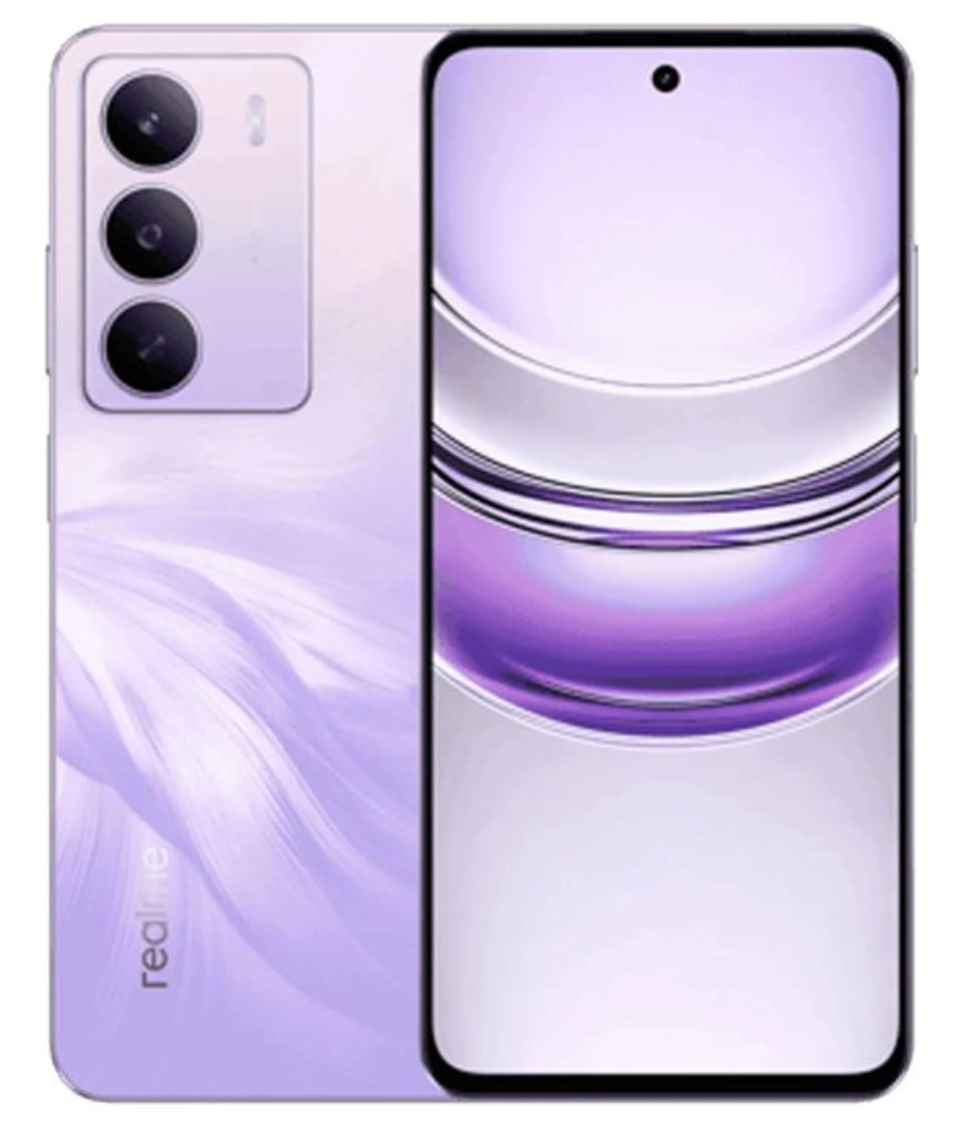 Realme C75 smartphone in a stunning lavender color with a sleek design. Features a triple camera setup on the back and a vibrant display showcasing a purple gradient. The device is shown from the front, highlighting its modern aesthetics.