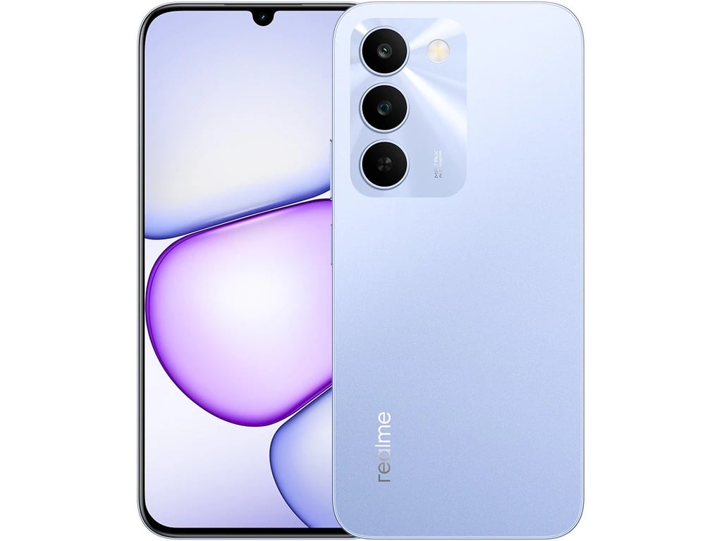 Realme C83 smartphone in a sleek light blue finish, featuring a vibrant display with a waterdrop notch and a triple-camera setup on the back. The device showcases a modern design with smooth edges and a premium feel.