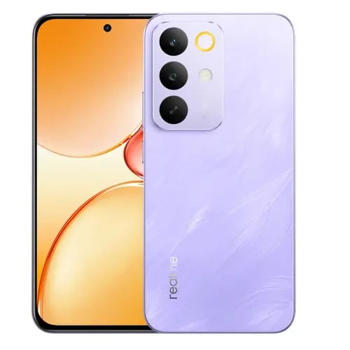 Realme C85 Pro smartphone featuring a sleek lavender back design with a glossy finish, triple camera setup, and a vibrant display showcasing warm orange hues. The device is presented in a front view against a plain background.