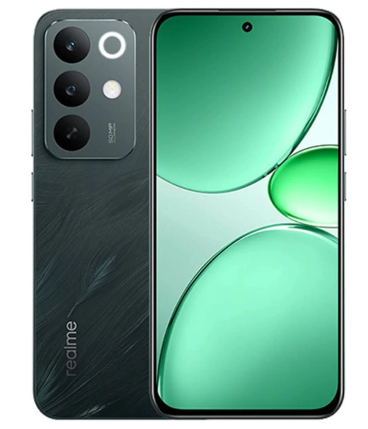 Realme C85 Pro smartphone in sleek dark green color featuring a triple camera setup, vibrant display with rounded corners, and a modern design. Ideal for photography and gaming enthusiasts.