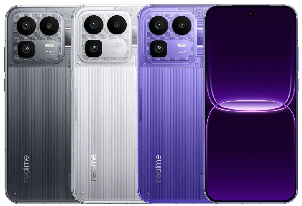 Realme Neo 8 smartphone in three color variants: black, silver, and purple. Features a sleek design with a textured back, dual camera setup, and a vibrant display. Each model showcases a modern aesthetic with premium finishes.
