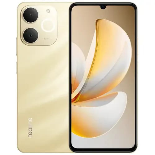 Realme Note 70 smartphone in a sleek golden finish, featuring a dual-camera setup on the back and a vibrant display showcasing a floral design. The device has a modern, slim profile, ideal for tech enthusiasts.