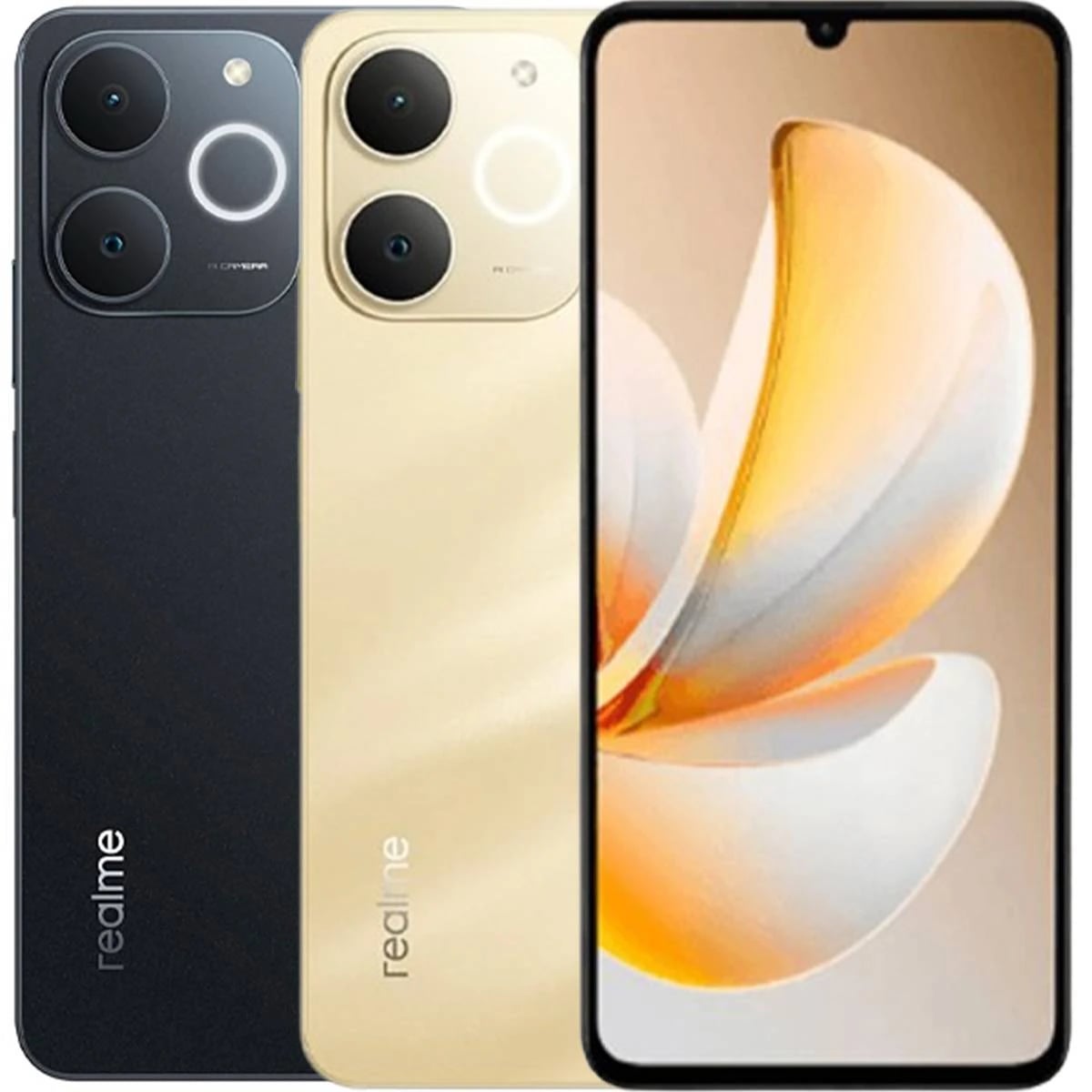 Realme Note 70 smartphone in black and gold colors, showcasing dual rear cameras and a vibrant display. The black model features a matte finish, while the gold variant has a glossy surface. Perfect for tech enthusiasts.