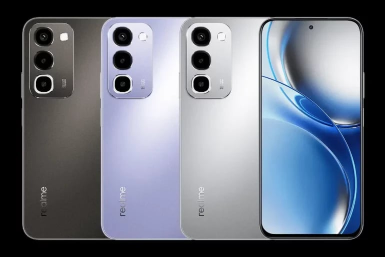 Realme P4R 5G smartphone showcased in three stylish colors: black, silver, and purple. Each phone features a sleek design with a triple camera setup and a vibrant display. Perfect for tech enthusiasts.