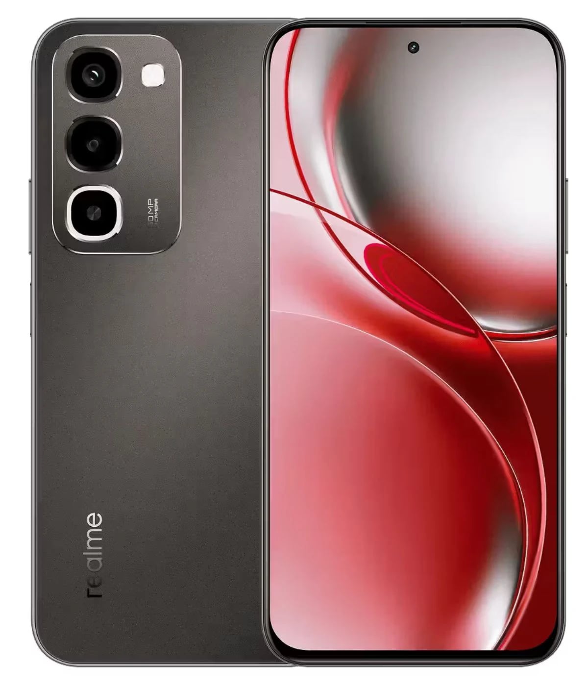 Realme PR4 smartphone featuring a sleek black design with a vibrant red display. The device showcases a triple camera setup on the back and a modern front display with minimal bezels. Ideal for tech enthusiasts seeking style and performance.